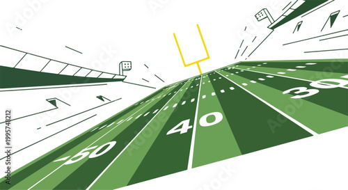 Dramatic low-angle view of American football field with towering yellow goalposts green turf and yard lines