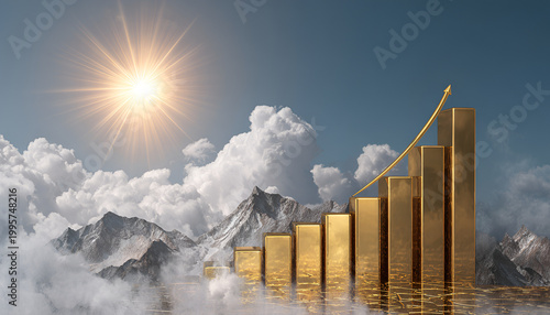 Golden Bar Chart Rising Above Clouds with Sun, Symbolizing Business Growth and Success.