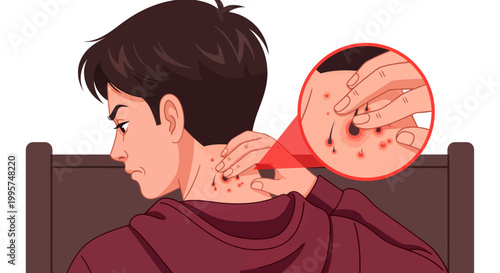 Man scratching painful red skin rash on neck vector illustration