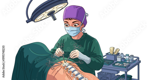 Surgeon performing spinal surgery on a patient illustration