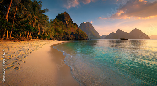 Stunning Tropical Beach Sunset with Turquoise Waters and Limestone Cliffs in El Nido Palawan.