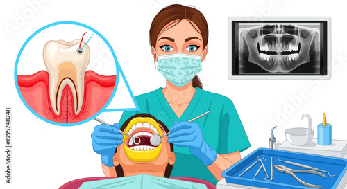 Female dentist examining patient teeth in dental clinic illustration