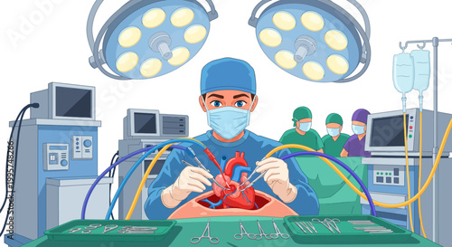 Surgeon performing open heart surgery in operating room illustration