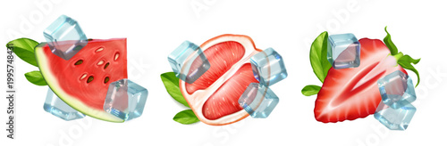 Fresh strawberry slices with ice cubes, watermelon, grapefruit pieces, and green leaves, realistic vector illustration isolated on white background. Cool summer fruit composition with juicy berries