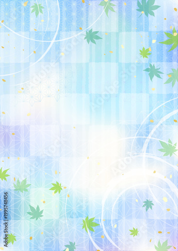 涼しげな水面の波紋と青紅葉　和風伝統模様背景イラスト