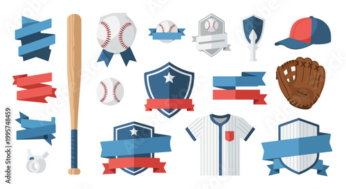 Flat vector icons set of baseball equipment including bats balls gloves jerseys caps badges and ribbons in red white