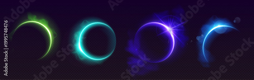 Solar eclipse set with glowing light halo, moon or planet silhouette, abstract vector illustrations isolated on trasparent background. Sunrise with lens flare effect, space collision with sun corona