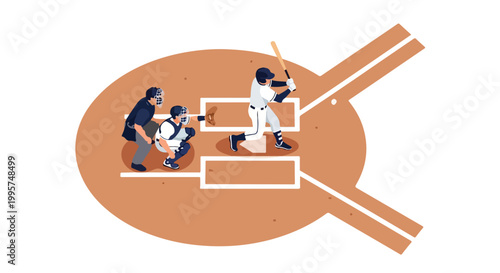 Baseball batter swings bat at home plate with catcher crouching and umpire standing watchfully on diamond field
