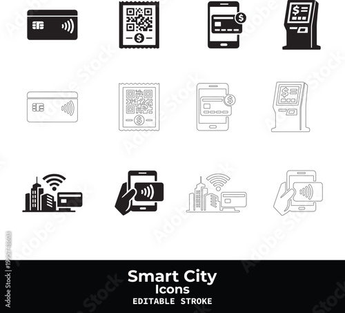 Smart City Black Vector Icon Set with Urban Technology and IoT Infrastructure Symbols
