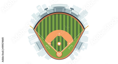 Flat vector illustration of vibrant baseball stadium with green outfield, dirt infield diamond, pitcher mound