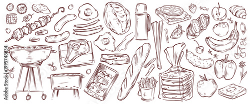 Picnic food sketch pattern on white background. Vector illustration of BBQ party menu design with skewered meat, sausages, toasts and fried eggs, fresh fruit and vegetables, barbecue restaurant banner