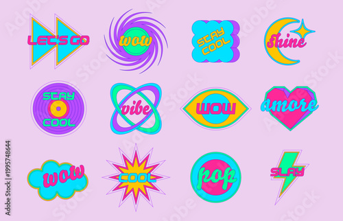 Cute y2k sticker collection with retro pop art vibes. Vector set of cool acid color star, fire, eye and heart shape icons with text, groovy 90s geometric patches for creative nostalgic design