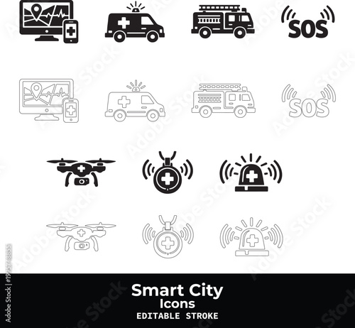 Smart City Black Vector Icon Set with Urban Technology and IoT Infrastructure Symbols