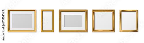 Elegant gold frames with wooden or metal borders for photos and artwork, 3d realistic vector set isolated on white background. Classic golden picture design for certificates and paintings