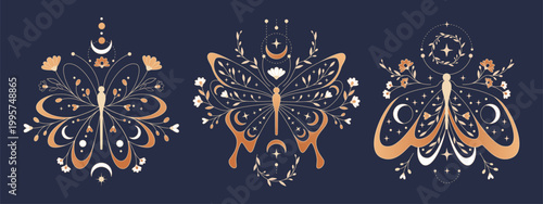 Celestial moth with moon phases and stars in boho style, vector illustration isolated on black. Mystical butterfly tattoo with eyes on wings, flowers, and esoteric symbols for witchy tarot card design