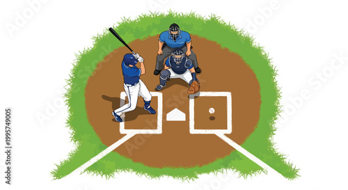 Baseball batter at home plate with catcher and umpire on green grass infield diamond