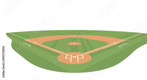 Stylized isometric baseball diamond with lush green outfield grass and central brown dirt infield mound