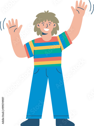 Happy man with long hair waving hello greeting