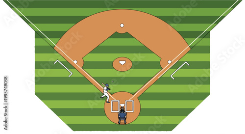Overhead view of baseball diamond with batter at home plate, catcher ready, pitcher's mound and striped green outfield