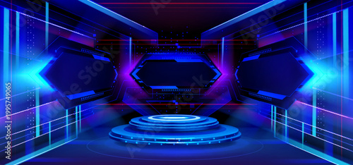 Futuristic digital podium with glowing blue neon screen and abstract data stream, light flows, vector background. Modern stage platform, advanced technology interface in virtual space, science concept