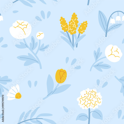 Pastel color pattern with flower. Seamless blue vector print with flower.