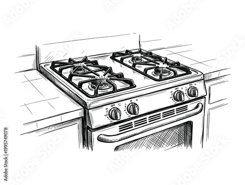 Hand drawn sketch of a kitchen gas stove with oven and stovetop burners.