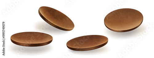 Wooden round podium or plates with realistic dark wood texture. 3D vector illustrations on white background, circular platforms for product display, different angles of view, kitchen food presentation