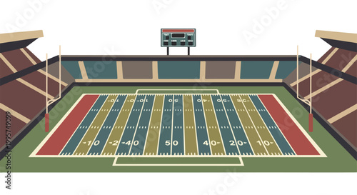Empty American football stadium with vibrant green turf field, yard lines, goalposts, scoreboard and grandstands