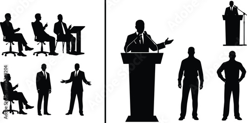 Professional Businessmen Silhouettes Set in Press Conference and Public Speaking Situations, Leaders Lecturing at Podium and Discussing in Meetings, Vector