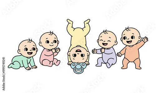 Group of Diverse Infants Playing and Crawling Illustration