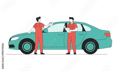 Mechanics cleaning and inspecting teal car on white background