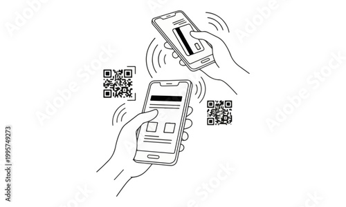 Hands holding smartphones for digital QR code payment illustration