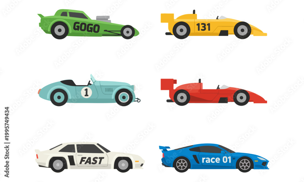 Fototapeta premium Racing car collection flat vector illustration set