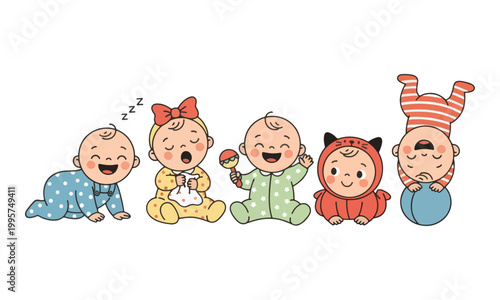 Group of Cartoon Babies Playing and Crawling in Diverse Outfits