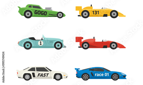 Racing car collection flat vector illustration set