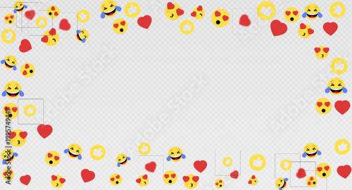 Social media like emotion icon border, hearts, thumb up, laugh reaction, cartoon vector illustration isolated on transparent background. Livestream comment, network marketing, digital content feedback