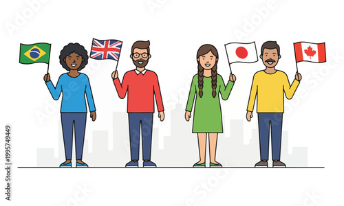 Diverse people holding national flags vector illustration