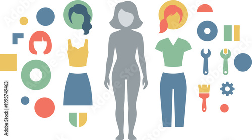 Woman silhouette stands in the center surrounded by colorful clothing options and various household tools for creative.