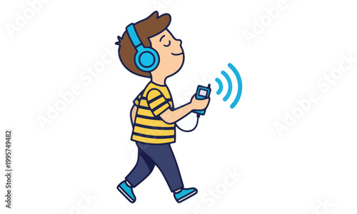 Cartoon Boy Walking and Listening to Music with Headphones