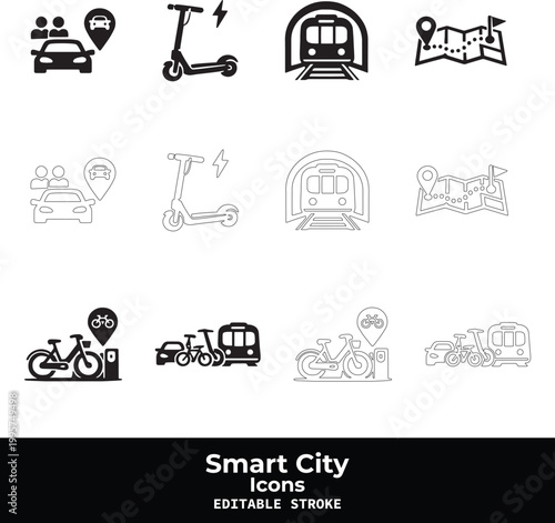 Smart City Black Vector Icon Set with Urban Technology and IoT Infrastructure Symbols
