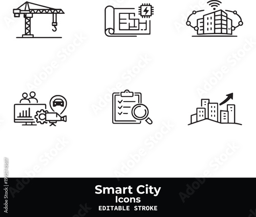 Smart City Black Vector Icon Set with Urban Technology and IoT Infrastructure Symbols