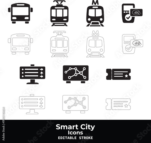 Smart City Black Vector Icon Set with Urban Technology and IoT Infrastructure Symbols