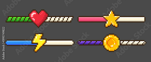 Pixel art game energy bars set with heart, star, lightning bolt and coin icons. Vector illustration of gaming health gauge and energy meter collection, retro 8-bit videogame UI progress indicators