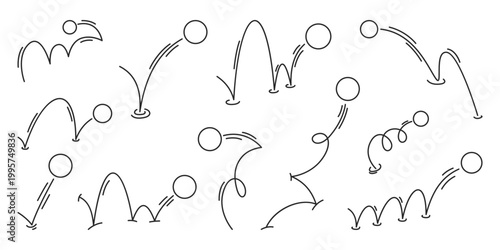 Dynamic arrow set with spiral trajectories and bounce curves, vector ball jumping icons with movement direction, rebound paths, black flowing lines on black background