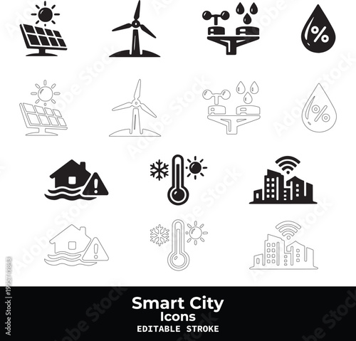 Smart City Black Vector Icon Set with Urban Technology and IoT Infrastructure Symbols