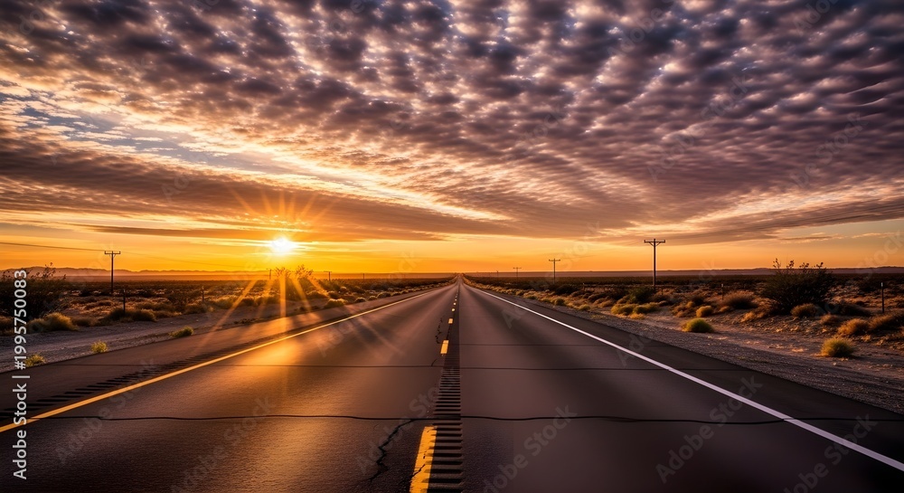 Obraz premium An open road leading toward the rising sun with strong sunlight flare and textured clouds, symbolizing journey, travel, and new beginnings.