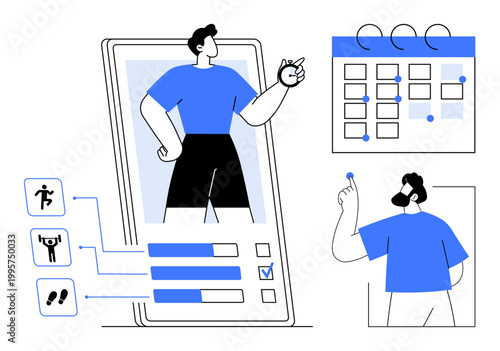 Fitness apps, wellbeing, goal tracking, productivity, health planning, digital solutions. Person viewing exercise data and calendar. Fitness tracking and wellbeing conceptual design