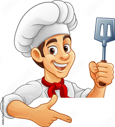A chef, baker or cook cartoon mascot man holding spatula or barbecue flipper peeking around a sign and pointing at it