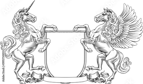 A heraldry crest Unicorn and Pegasus winged horse family coat of arms heraldic shield emblem design in an old medieval vintage style 