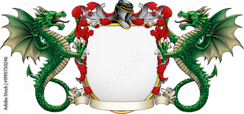 Wyvern dragons coat of arms or crest family heraldry medieval heraldic knight shield with helmet and acanthus filigree scroll ornament in a vintage woodcut style.